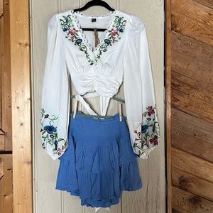 Embroidery top and ruffle skirt/skort